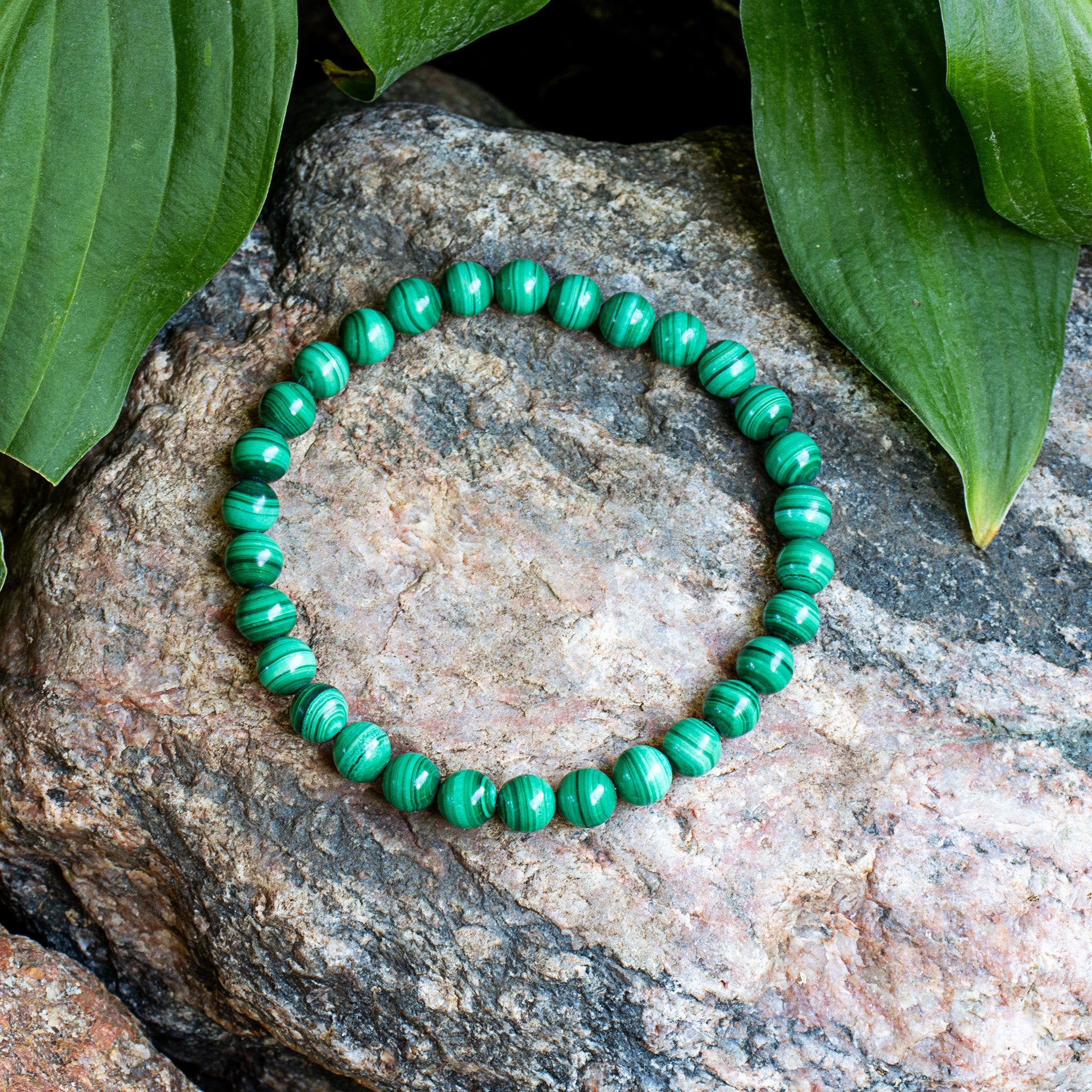 Aventari Malachite Metamorphosis Bracelet with swirling green beads resting on a natural rock surrounded by green leaves.