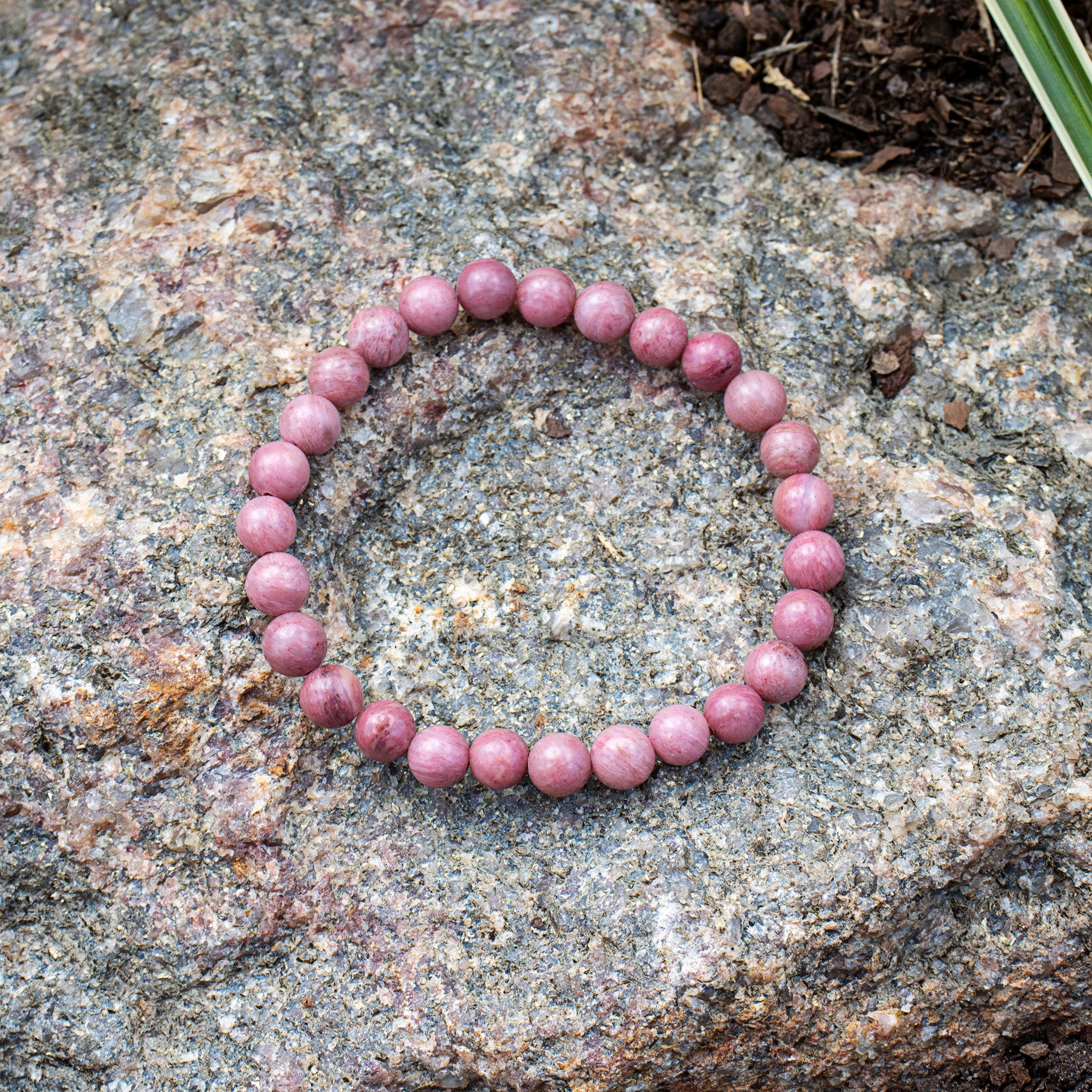 Aventari Rhodonite Healing Bracelet with dusty pink beads resting naturally on a textured granite rock outdoors.