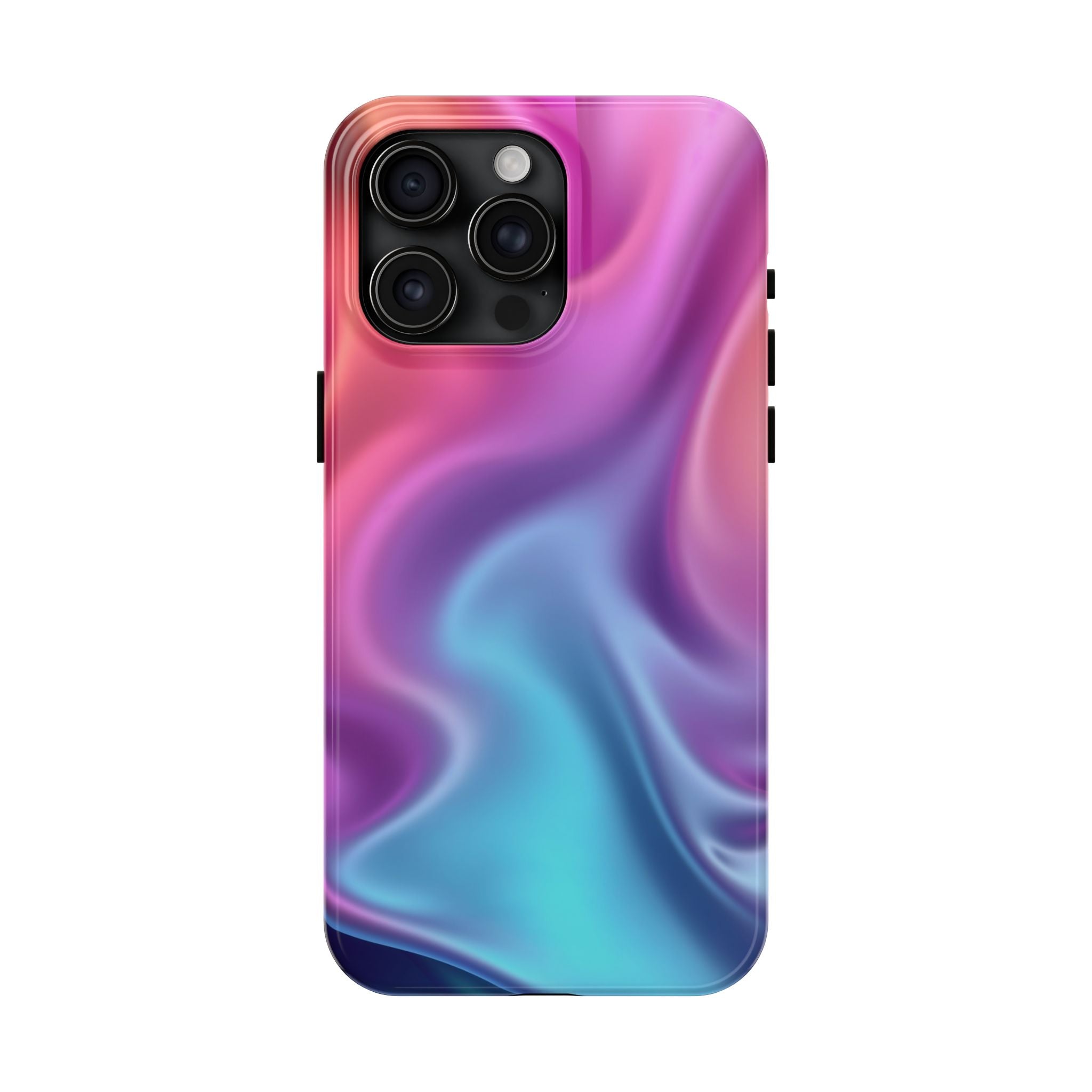 Holographic phone case with flowing pink, purple and turquoise gradient design