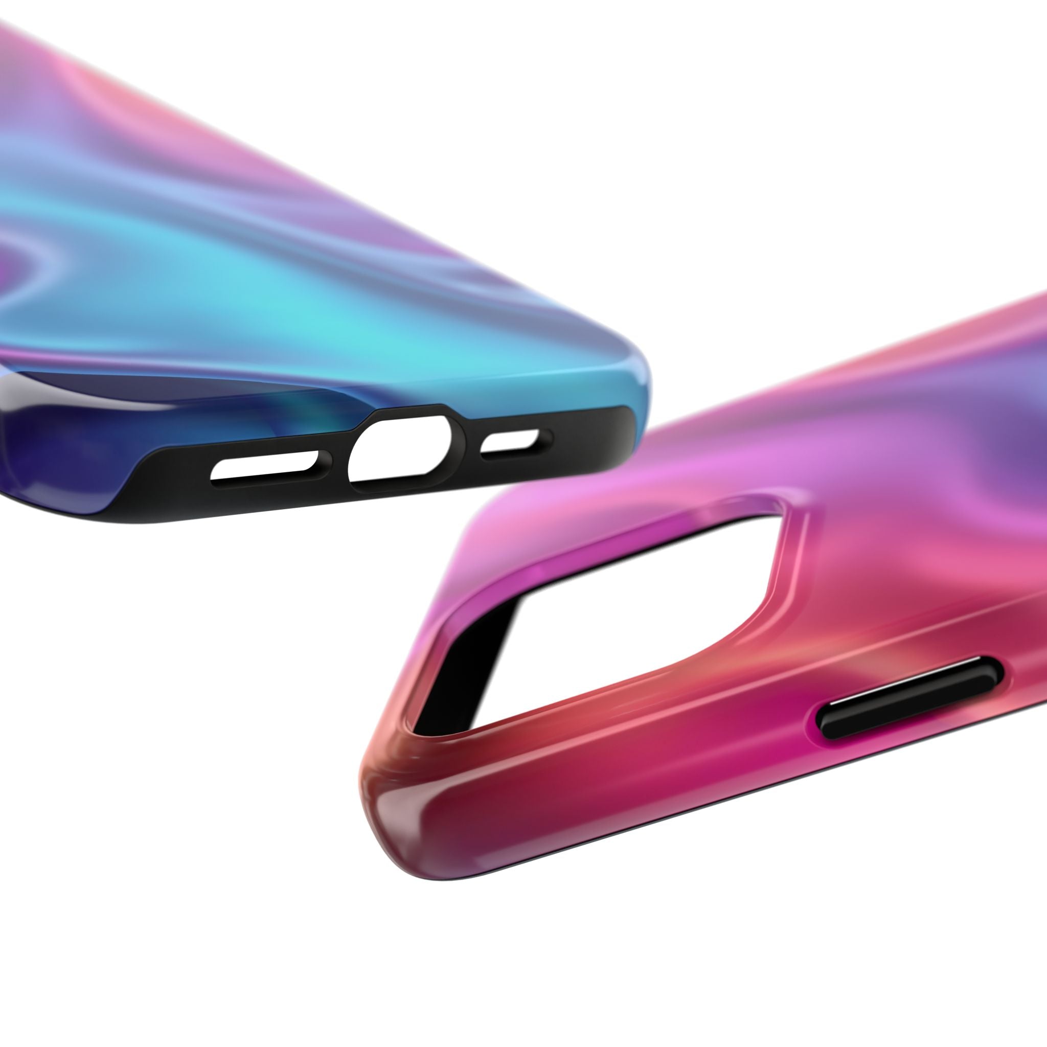 Holographic phone case with flowing pink, purple and turquoise gradient design