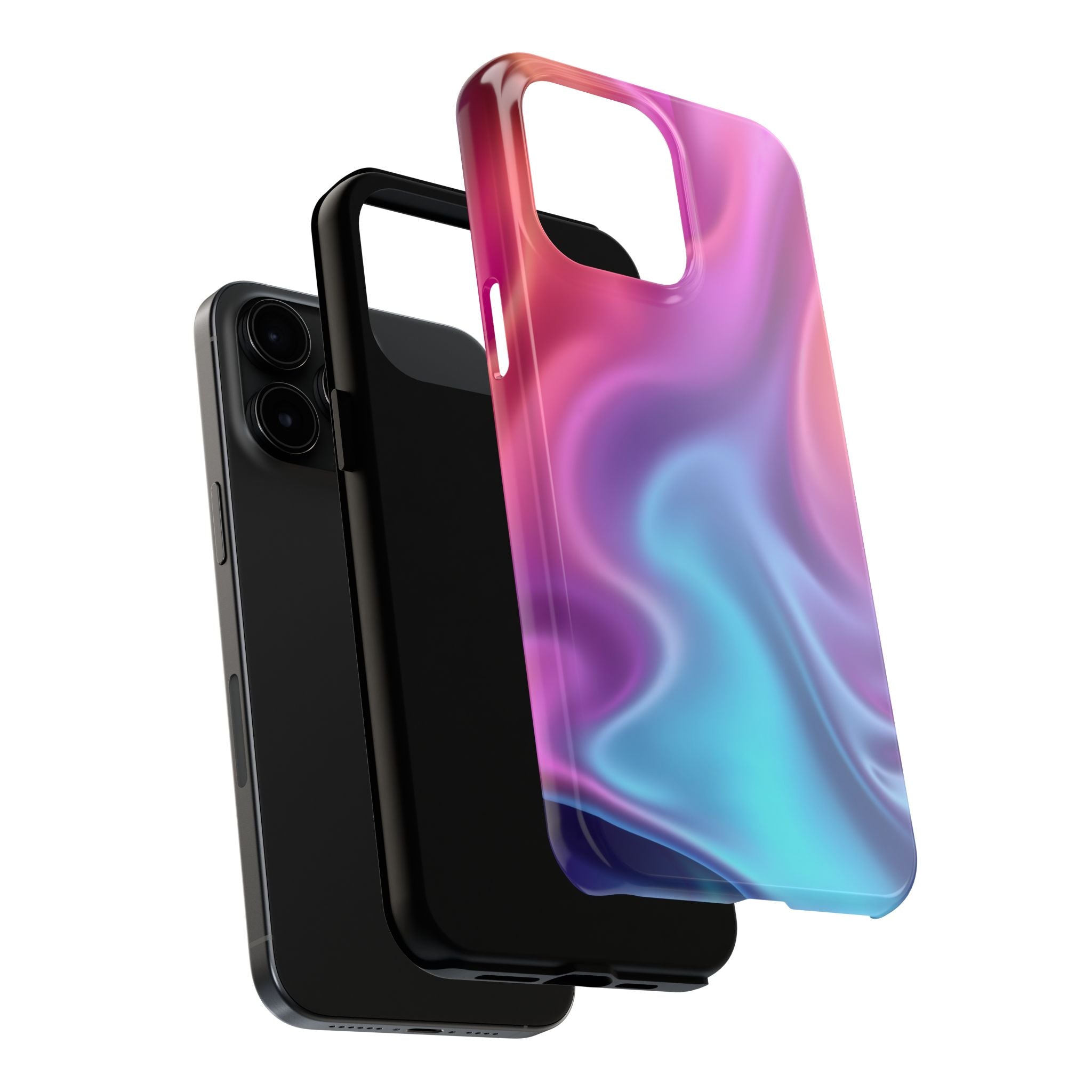 Holographic phone case with flowing pink, purple and turquoise gradient design